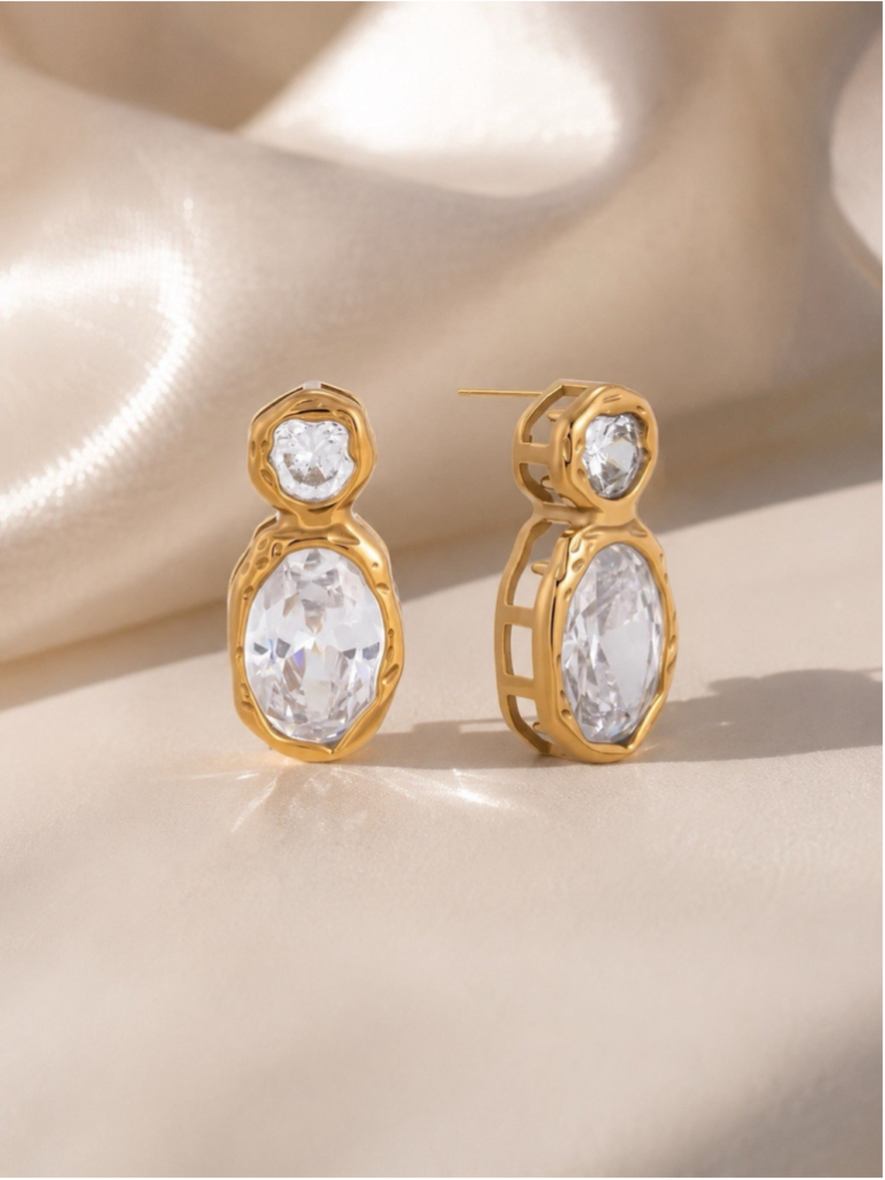 Molten Crystal Gold Earrings Hammered Boho Statement Clear Stud Julie Vos VTG CZ - Picture 2 of 7